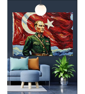 Atatürk Bayrak Portre Dekoratif Kanvas - Mdf Ahşap Tablo
