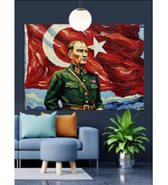 Atatürk Bayrak Portre Dekoratif Kanvas - Mdf Ahşap Tablo