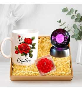 Kişiye Özel Kırmızı Güllü Kupa Bardak Işıklı 3D Cam Küre Lotus Mum Kutulu Hediye Seti