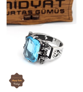 Akuamarin Taşlı Motif Desenli 925 Ayar Gümüş Erkek Yüzük 201024909