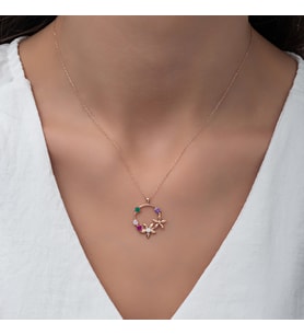 Mix Taşlı Rose Manolya Çiçeği Kolye-925 Ayar Gümüş