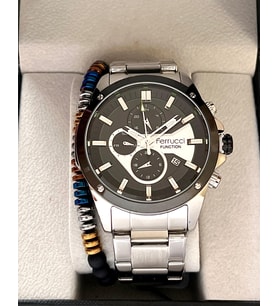 Ferrucci FC59510 Spor Model Fonksiyonlu&Takvimli Erkek Kol Saat+Bileklik (Siyah - Gümüş)