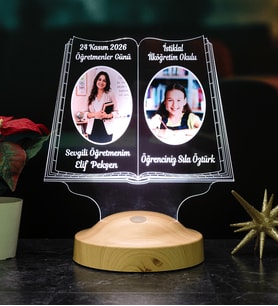 2 Fotoğraflı öğretmene Hediye Kitap Şeklinde LED Lamba - 24 Kasım Öğretmenler Günü Hediyesi, Öğrenci Resimli Mezuniyet Hediyesi