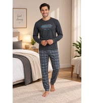 Falkom 5804 İnterlok Kışlık Kalın Kumaşlı Ekose Pijamalı Erkek Ev Pijama Takımı