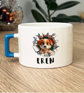 Kişiye Özel 3D Yavru Köpek Hediye Lüks Fincan İsimli İsim Yazılı (Mavi)