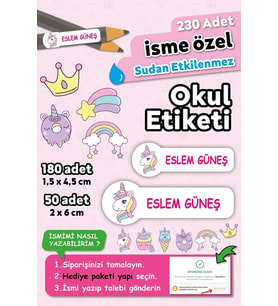 Unicorn Tasarımlı Kişiye Özel İsimli Defter Kalem Okul Etiketi, Yırtılmaz PVC Etiket, Suya Dayanıklı (Beyaz)