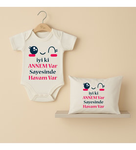 Pia Baby B43 %100 Pamuk İyi ki Annem Var Sayesinde Havam Var Yazılı Tasarlanabilir Bebek Body Ve Yastık Kılıfı (Ekru)