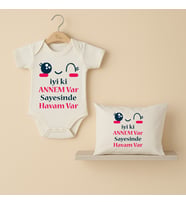 Pia Baby B43 %100 Pamuk İyi ki Annem Var Sayesinde Havam Var Yazılı Tasarlanabilir Bebek Body Ve Yastık Kılıfı (Ekru)