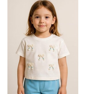 Kız Çocuk Fiyonk İşlemeli Pamuklu T-shirt