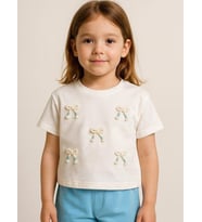 Kız Çocuk Fiyonk İşlemeli Pamuklu T-shirt
