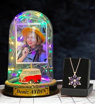 Kişiye Özel Renkli Led Işıklı Fanus ve Gerçek Ametist Taşlı Lotus Kolye (Model 2)