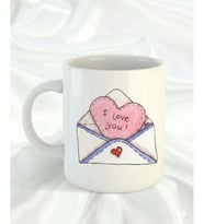 Love You Kupa - Pembe Kalp Desenli Romantik Sevgililer Günü Hediyelik Mug (Beyaz)