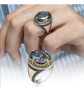 Oval Mistik Topaz Taşlı 925 Gümüş Erkek Yüzük