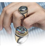 Oval Mistik Topaz Taşlı 925 Gümüş Erkek Yüzük
