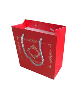 Karton İpsaplı Hediye Çantası Saray Desenli Gümüş 15X17X8 10 Adet  Kırmızı