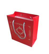 Karton İpsaplı Hediye Çantası Saray Desenli Gümüş 15X17X8 10 Adet  Kırmızı