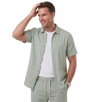 DeepSEA Yeşil Slim Fit Çizgi Dokulu Keten Görünümlü Kısa Kol Erkek Spor Gömlek 2602648