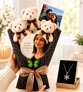 Kişiye Özel Fotoğraflı Aynalı Gri Ayıcık Buketi ve Ametist Lotus Kolye Kadına Hediye