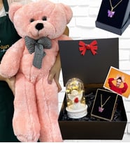 Büyük Boy Pembe Peluş Ayıcık ve Kelebek Kolyeli Fotoğraflı Hediye Kutusu - Premium Set (Model 7)