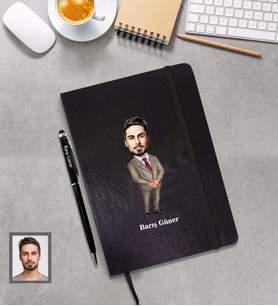 Kişiye Özel Öğretmen Karikatürlü  Siyah Defter Kalem Hediye Seti Bay-17