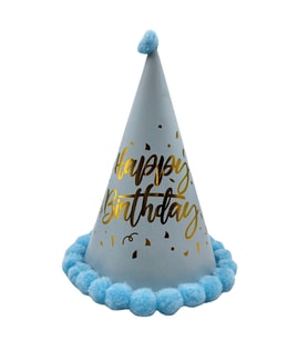 40 cm Baş Çevresi – 25 cm Makaron Mavi Ponponlu Happy Birthday Doğum Günü Şapkası