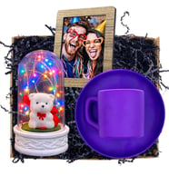 Kişiye Özel Fotoğraflı Hediye Seti Mor Kahve Fincanı ve Renkli Led Işıklı Fanus (Model 9)