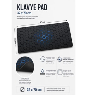 SonicTouch Mavi Siyah Altıgen Desen Kaymaz Gaming Oyuncu Masaüstü Dikişsiz Klavye Mouse Pad 32x70Cm