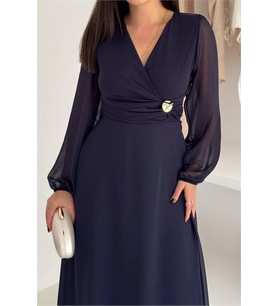 Neşeli butik kadın bel toka detaylı astarlı şifon elbise NBK4329 (Lacivert)