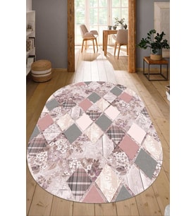 Dijital Baskılı Kaymaz Taban Yıkanabilir Oval Salon Halısı Mutfak Halısı Yolluk NDO-HT-201 (Pembe)