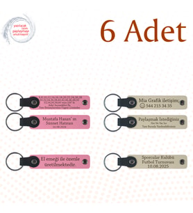 Pembe & Sütlü Kahve, 6’lı Set, İsim Yazılabilen Deri Anahtarlık, Aile Buluşmalarına Özel Anı
