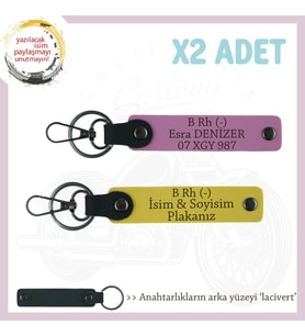 Motosiklet Severlere İsim Plaka ve B Rh (-) Kan Grubu, Acil Durum x2' li Anahtarlık, Sarı-Pembe-Laci (Çok Renkli)