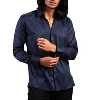 Lacivert Dar Kesim Micro Kumaş Kol Düğmeli Slim Fit Erkek Gömlek - 201-12