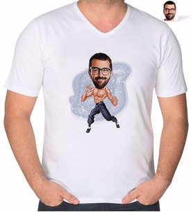 BK Gift Kişiye Özel Bruce Lee Karikatürlü V Yaka Tişört-1 (Beyaz)