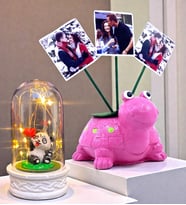 Kişiye Özel Hediye Seti 3 Fotoğraflı Sevimli Pembe Kaplumbağa ve Led Işıklı Fanus (Model 4)