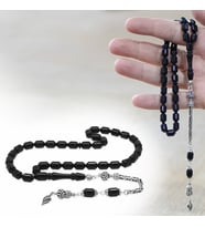 Sıkma Kehribar Tesbih - 925 Ayar Gümüş Kral Püsküllü - Siyah Renk - Kapsül Kesim