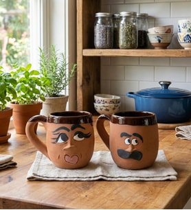 El Yapımı Çömlek Tasarım Emojili Kabartmalı  2 li Kupa