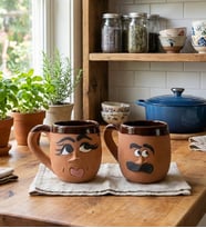 El Yapımı Çömlek Tasarım Emojili Kabartmalı  2 li Kupa
