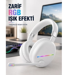 Bluetooth 5.0 Beyaz Kulak Üstü Kablosuz Kulaklık Mikrofonlu Rgb Aydınlatmalı