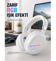 Bluetooth 5.0 Beyaz Kulak Üstü Kablosuz Kulaklık Mikrofonlu Rgb Aydınlatmalı
