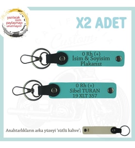 Yol Arkadaşlarına Özel İsim Plaka, 0 Rh (+) Kan Grubu Yazılı Kişiye Özel x2 Anahtarlık, K Turkuaz-SK (Çok Renkli)
