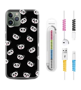 Apple iPhone 11 12 13 14 Pro Max Kılıf Kablo Koruma Spiral Silikon Panda Suratları 1773