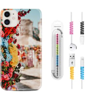 Apple iPhone 11 12 13 Mini Kılıf Kablo Koruma Spiral Silikon Gerçek Çiçekler 1743
