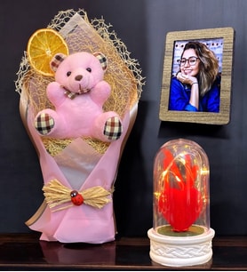Sizlere Özel Set, Peluş Ayıcık Buketi & Işıklı Kırmızı Kalpli Fanus Hediye Seti