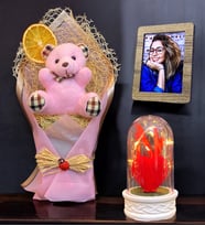 Sizlere Özel Set, Peluş Ayıcık Buketi & Işıklı Kırmızı Kalpli Fanus Hediye Seti