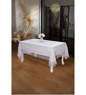 Beril Lüx Dantelli Keten Kumaş Gri Masa Örtüsü 160x230 Cm - 1122 (Krem)
