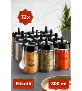 Kendinden Kaşıklı Serigrafi Etiketli 12'li Uzun Baharat Seti - Cam