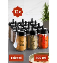 Kendinden Kaşıklı Serigrafi Etiketli 12'li Uzun Baharat Seti - Cam