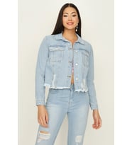 Kadın Düğmeli Etek Ucu Püsküllü Crop Denim Ceket (Mavi)
