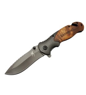 X50 Kahverengi Kurtarma / Kamp Çakısı 20,5cm- Yarı Otomatik, Kemerlikli, Ahşap Sap, Cam Kırma Ve İp Kesme Aparatlı