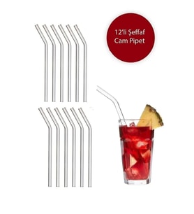 12 Adet Şeffaf Cam Eğimli Pipet - Cam Pipet 12'li